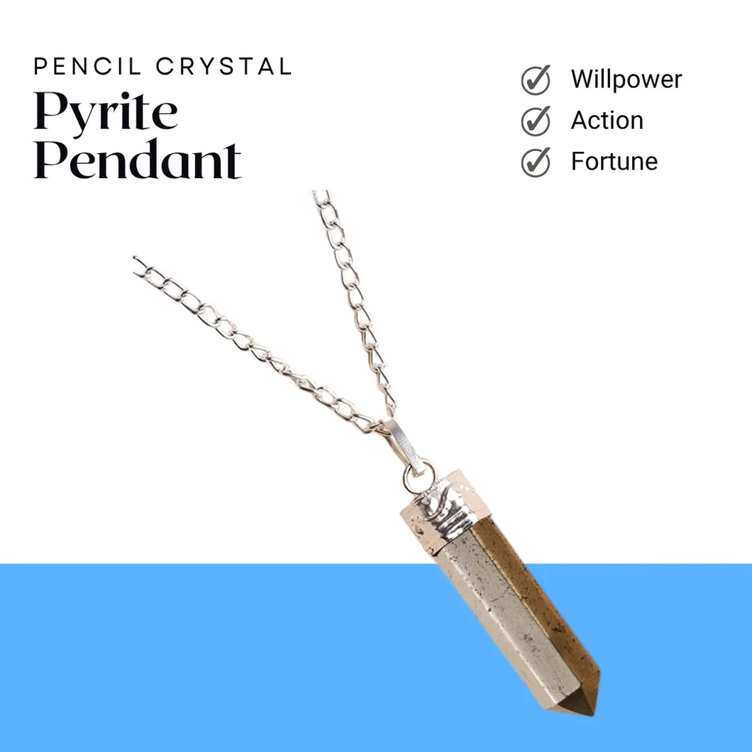 Pyrite point pendant with a silver cap and chain displayed on a clean white background.