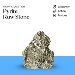 Pyrite raw stone cluster symbolizing willpower, action, and fortune.