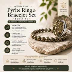 Pyrite Ring & Pyrite Bracelet Set – Natural Crystal Jewellery Combo for Confidence, Protection & Everyday Wear | Unisex Gift Set - Close Up Detail Texture | Natural Pyrite Crystal Bracelet for Evil Eye Protection & Negative Energy Shield