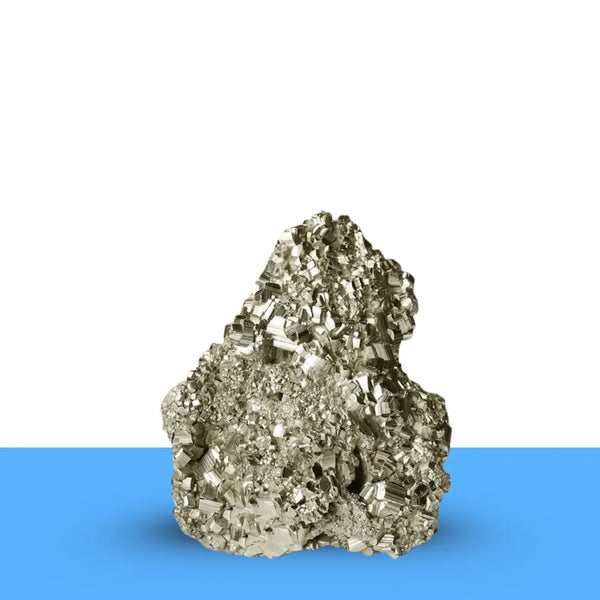 Natural raw pyrite crystal cluster representing willpower, action, and fortune.