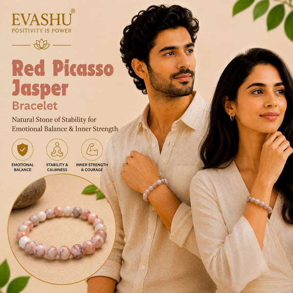 Red Picasso Jasper Bracelet – Natural Beaded Bracelet for Creativity, Emotional Balance & Everyday Wear | Unisex Crystal Jewellery - On Hand View | Natural Red Jasper Crystal Bracelet for Chakra Balance & Energy Alignment