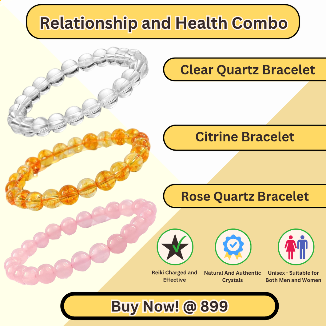 Pack of 3 Relationship & Health bracelets—Clear Quartz, Citrine, Rose Quartz—supporting love, harmony, healing & positivity.