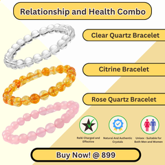 Pack of 3 Relationship & Health bracelets—Clear Quartz, Citrine, Rose Quartz—supporting love, harmony, healing & positivity.