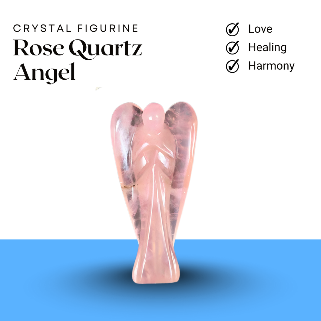 Rose Quartz Angel figurine on a clean white and blue background symbolizing love, healing, and harmony.