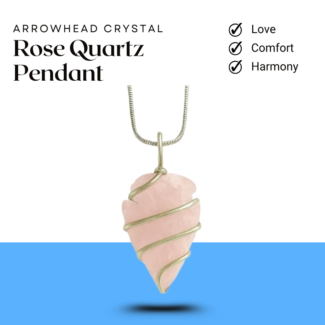 Rose quartz arrowhead pendant with chain, a healing crystal necklace for love and emotional balance