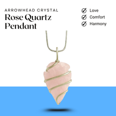 Rose quartz arrowhead pendant with chain, a healing crystal necklace for love and emotional balance