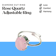 Load image into Gallery viewer, Rose Quartz diamond cut adjustable ring symbolizing love, comfort and harmony, designed for emotional wellness.
