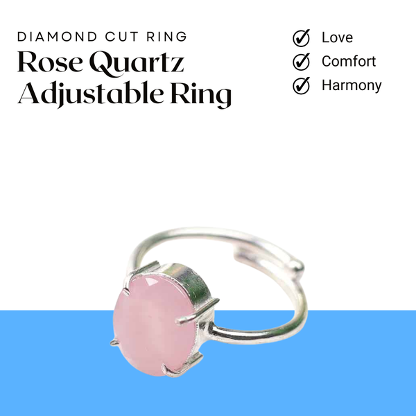 Rose Quartz diamond cut adjustable ring symbolizing love, comfort and harmony, designed for emotional wellness.