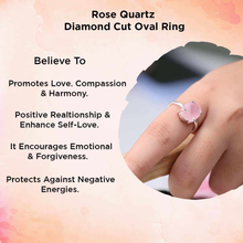 Load image into Gallery viewer, Rose Quartz diamond cut oval ring symbolizing love, harmony and emotional healing with protection from negativity.
