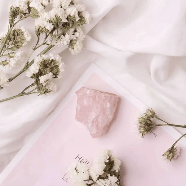 Natural Rose Quartz raw stone associated with love, comfort, and harmony.