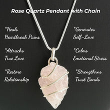 Load image into Gallery viewer, Rose quartz pendant with a silver chain, a healing crystal necklace for love and emotional balance
