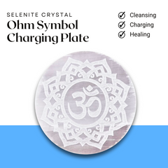 Selenite Charging Plate with Engraved Ohm Symbol — Healing Stone for Reiki Healing, Meditation & Energy Cleansing - Front View | Natural Selenite, Seven Chakra Crystal Raw Crystal for Evil Eye Protection & Negative Energy Shield