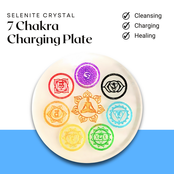 Seven Chakra Selenite Round Plate – Powerful Healing Crystal Tool For Energy Healing & Meditation - Front View | Natural Selenite, Seven Chakra Crystal Raw Crystal for Evil Eye Protection & Negative Energy Shield