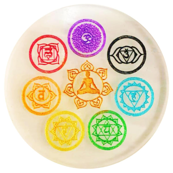 Seven Chakra Selenite Round Plate – Powerful Healing Crystal Tool For Energy Healing & Meditation - Side View | Natural Selenite, Seven Chakra Crystal Raw Crystal for Evil Eye Protection & Negative Energy Shield