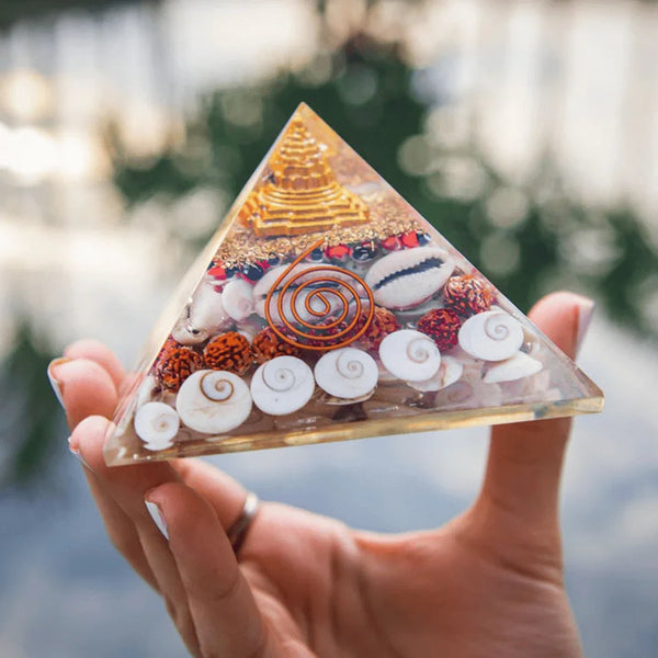 Shree Yantra Pyramid – Symbol of Cosmic Abundance, Prosperity, and Divine Energy – Perfect for Meditation - Lifestyle View | Raw Seven Chakra Crystal for Wealth & Abundance