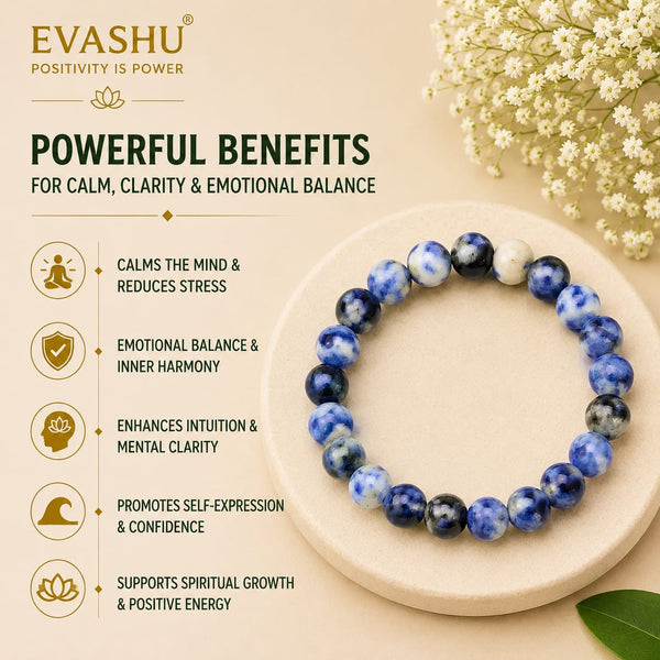 Sodalite Bracelet – Natural Stone Bracelet for Clarity, Confidence & Everyday Wear | Unisex Crystal Jewellery - Close Up Detail Texture | Natural Seven Chakra Crystal Bracelet for Success, Confidence & Career Growth