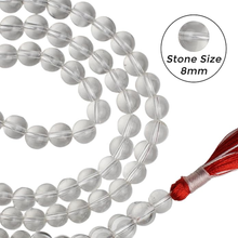Load image into Gallery viewer, Sphatik Clear Quartz Japmala with 108 beads of 8mm size displayed on a clean white background.
