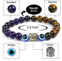 Load image into Gallery viewer, Strength &amp; Protection - Tiger Eye, Amethyst, and Evil Eye Bracelet for unisex wear - Lifestyle View | Natural Amethyst, Tiger Eye, Evil Eye Crystal Bracelet for Evil Eye Protection &amp; Negative Energy Shield
