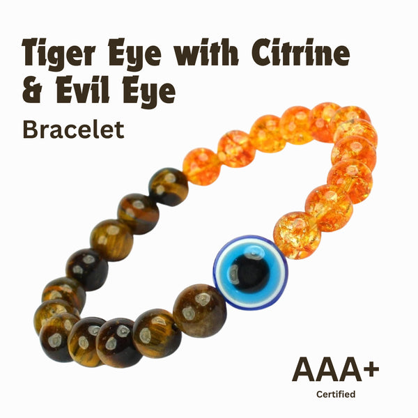 Tiger Eye, Citrine & Evil Eye Bracelet – Success, Protection & Abundance | Lab Certified - Front View | Natural Citrine, Tiger Eye, Seven Chakra Crystal Bracelet for Evil Eye Protection & Negative Energy Shield