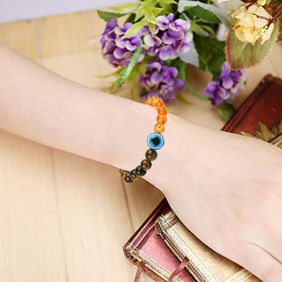 Tiger Eye, Citrine & Evil Eye Bracelet – Success, Protection & Abundance | Lab Certified - In Use View | Natural Citrine, Tiger Eye, Seven Chakra Crystal Bracelet for Evil Eye Protection & Negative Energy Shield