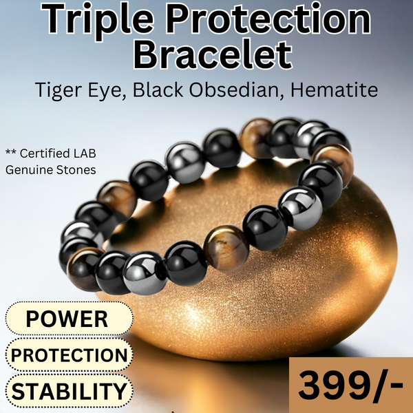 Triple Protection Bracelet – Hematite, Black Obsidian & Tiger’s Eye | Balance, Protection & Positive Energy