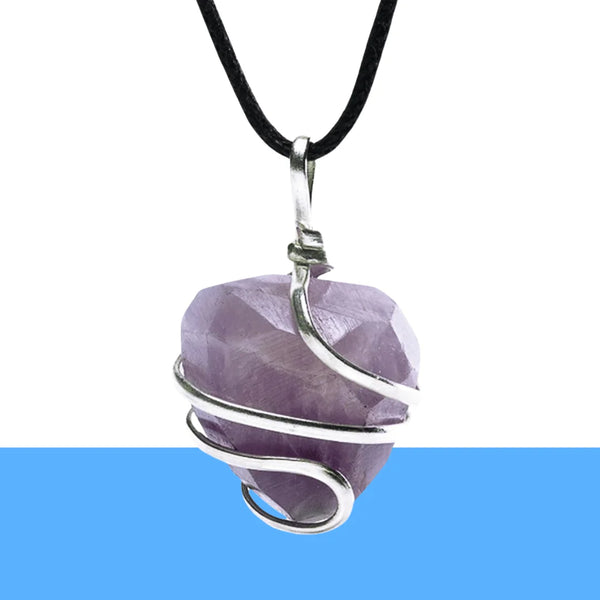 Natural tumbled Amethyst stone pendant wrapped in silver wire, hanging from a cord necklace