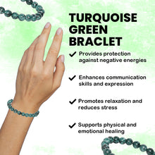 Load image into Gallery viewer, Peace &amp; Protection - Turquoise Green Stone Bracelet for ease, balance, and a calm daily presence - Side View | Natural Firoza, Seven Chakra Crystal Bracelet for Evil Eye Protection &amp; Negative Energy Shield
