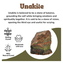 Load image into Gallery viewer, Unakite crystal known for balance, grounding, emotional–spiritual harmony, third-eye activation, and support for scrying.
