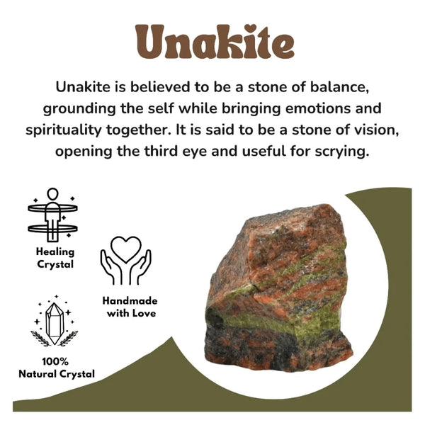 Unakite crystal known for balance, grounding, emotional–spiritual harmony, third-eye activation, and support for scrying.