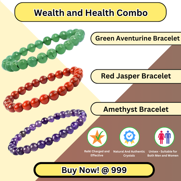 Pack of 3 Wealth & Health bracelets Green Aventurine, Red Jasper, Amethyst for prosperity, vitality & emotional balance.