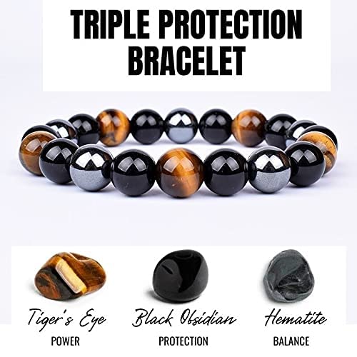 Triple Protection Bracelet – Hematite, Black Obsidian & Tiger’s Eye | Balance, Protection & Positive Energy